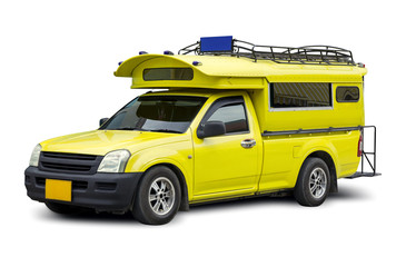 Fototapeta premium yellow minibus travel isolated on white background with clipping path