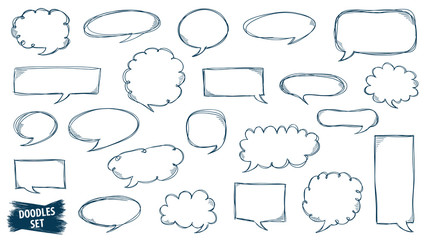 Speech bubble doodles set. Scribble frames collection. Sketch vector. Hand drawn effect illustration. Social media messages. Comics text. Chat or dialog clouds set. Scrawl graphics isolated on white.