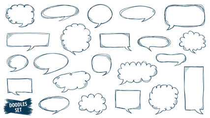 Fototapeta premium Speech bubble doodles set. Scribble frames collection. Sketch vector. Hand drawn effect illustration. Social media messages. Comics text. Chat or dialog clouds set. Scrawl graphics isolated on white.