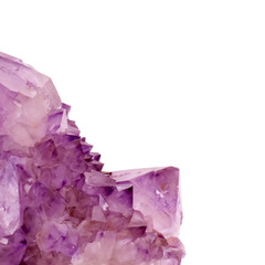 Amethyst crystals closeup isolated on white background