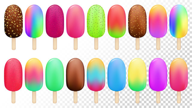 Ice creams on a stick set. Cocoa, vanilla, nuts flavours. Berry and fruits gelato. Ice creams summer collection. Cafe food. Sweet. Dessert.