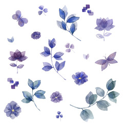 Indigo blue watercolor hand painted floral leafs and flowers for design, gift card, weeding, celebration save data, party on white background