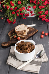 Beef meat stew in ceramic pot.
