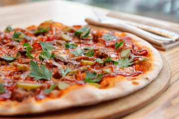 Meat pizza with hot bbq sauce