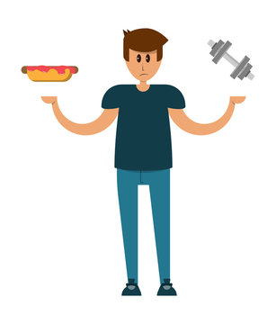 man holds a hot dog and a heavy dumbbell,healthy lifestyle,vector image, flat design, cartoon character