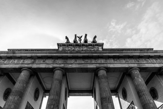 Black and white picture of the  Brandenburg Gate, Berlin; Germany. Detail The Brandenburg Gate quadriga. Pariser Platz.