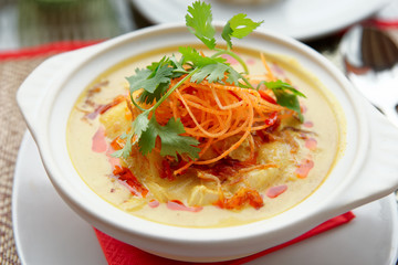 Chicken curry in porcelain bowl