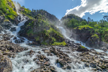 Latefossen waterfall in Norway at sunny summer day