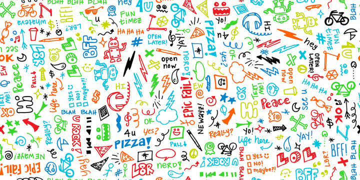 Colorful seamless hand drawn school note doodles pattern with robots, headphones, pizza, and funny phrases.