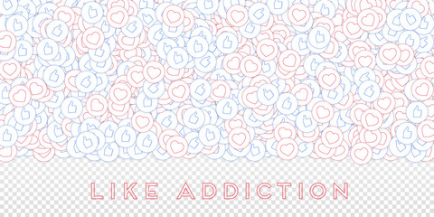 Social media icons. Like addiction concept. Falling scattered thumbs up hearts. Wide top gradient el