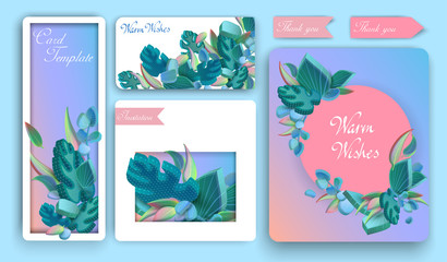 Spectrum paper invitation and greeting cards with beautiful 3d leaves.