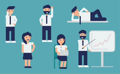 Figures of office workers or students isolated on blue. Flat design.