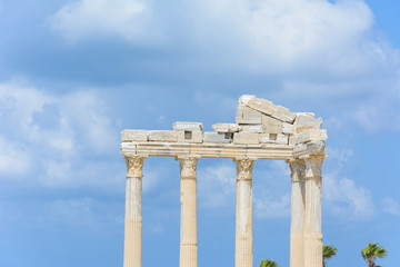 the ruins of the ancient temple of Apollo after the earthquake. Thick clouds in the sky. Side, Turkey