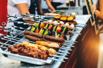 Preparation of shish kebab on the street close-up
