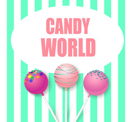 Candy world. Green striped background with cute pink lollipops.