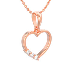 3D illustration isolated red rose gold diamond heart necklace on chain