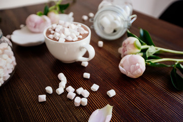Fototapeta na wymiar Cocoa with marshmallow and flowers.