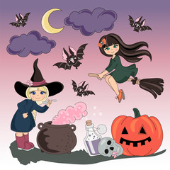 Halloween Color Vector Illustration Set HALLOWEEN for Scrapbooking Party and Digital Print on Card And Photo Mystic Album
