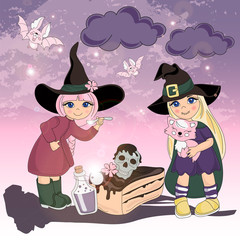 Halloween Color Vector Illustration Set HALLOWEEN FUN for Scrapbooking Party and Digital Print on Card And Photo Mystic Album