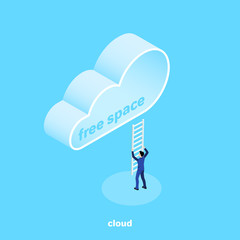 isometric image, a man in a business suit substitutes a ladder to the cloud