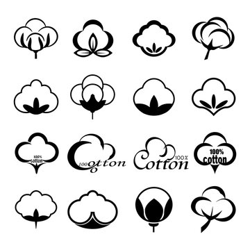 Vector set of icons indicating the cotton marks, labels or textile products, isolated on white background. Mockup for design, illustration.