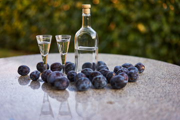 Still life Picture of the bottle of homemade slivovitz or plum brandy with two glases of short drink and fresh riped plums on the stone table in garden restaurant. 