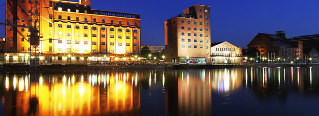 Panorama of Duisburg city harbor at Night