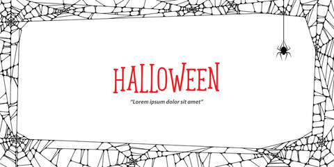 Fototapeta premium Halloween horizontal frame black cobweb and spider on white background ilustration vector. Halloween concept.