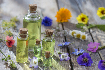 bottlespf essential oil bottles,surrounded with medicinal flowers and plants