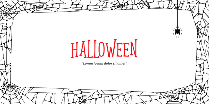 Halloween horizontal frame black cobweb and spider on white background ilustration vector. Halloween concept.