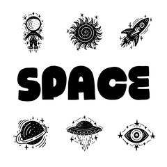 Cosmos print. Black vector illustration. Nursery poster