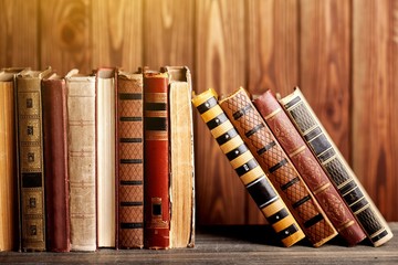 Ancient books in a row on wooden