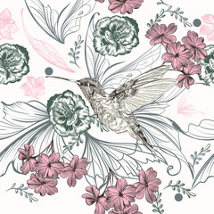 Beautiful floral pattern with hummingbird and rose flowers © Mary fleur