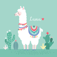 Lama with cactus, greeting card, vector illustration