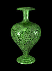 Antique malachite vase with a beautiful floral carvern, isolated on black.