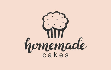 Hand drawn homemade cakes logo, typography lettering poster with cupcake silhouette on light pink background. Text and drawing for business card, banner template. Modern style vector illustration