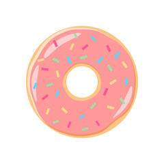 Colorful pink icing donut cartoon. Pink frosting donut with sprinkles clipart.