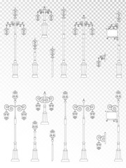 Vector set of street lights on transparent background. Collection in flat style. Monochrome.
