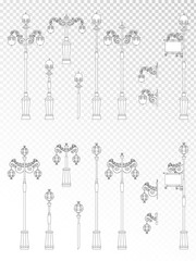 Vector set of street lights on transparent background. Collection in flat style. Monochrome.
