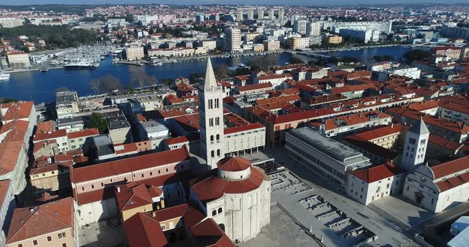 Aerial view of Zadar peninsula and the tower of the chatedral of saint Anastasia and church of saint Donatus, Zadar, Mediterrenan, Adriatic sea, Croatia
