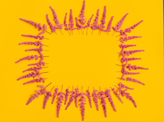 Flowers composition. Frame made of pink field flowers on yellow background. Flat lay, top view, copy space.