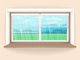 Illustration with wooden window in realistic style on and the rustic landscape outside the window. Vector background.
