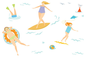 Sports and leisure creative concept. Relaxing people silhoettes icons. Holidays and sport vector design elements..