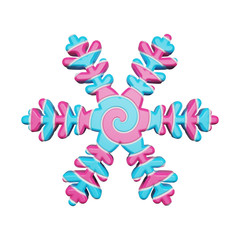 Festive snowflake in pink and blue colors isolated on white background. Lollipop made of striped twisted caramel. 3d render.