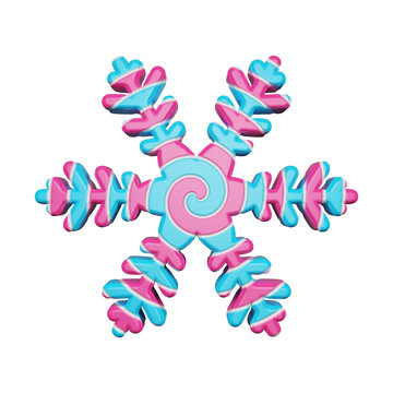Festive snowflake in pink and blue colors isolated on white background. Lollipop made of striped twisted caramel. 3d render.