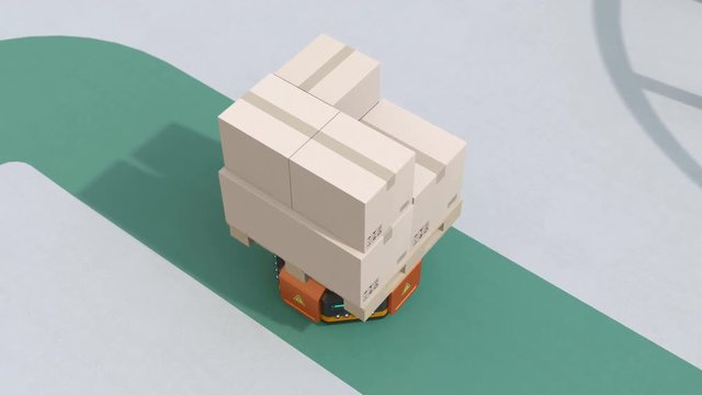 Logistics robot and Automated Guided Vehicle(AGV) moving on the conveyor belt side. Factory automation concept.