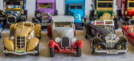 collection of old car model. replica of vintage car. collectible toys