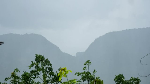 Time lapse of moving clouds in the sky over tropical rainforest in raining day