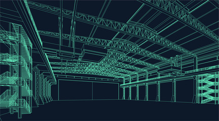 wire frame illustration of an industrial warehouse or hangar for virtual reality - obrazy, fototapety, plakaty