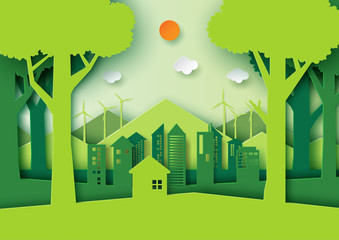Green eco friendly city and nature forest landscape.Ecology and environment conservation concept idea design.Paper art style vector illustration.